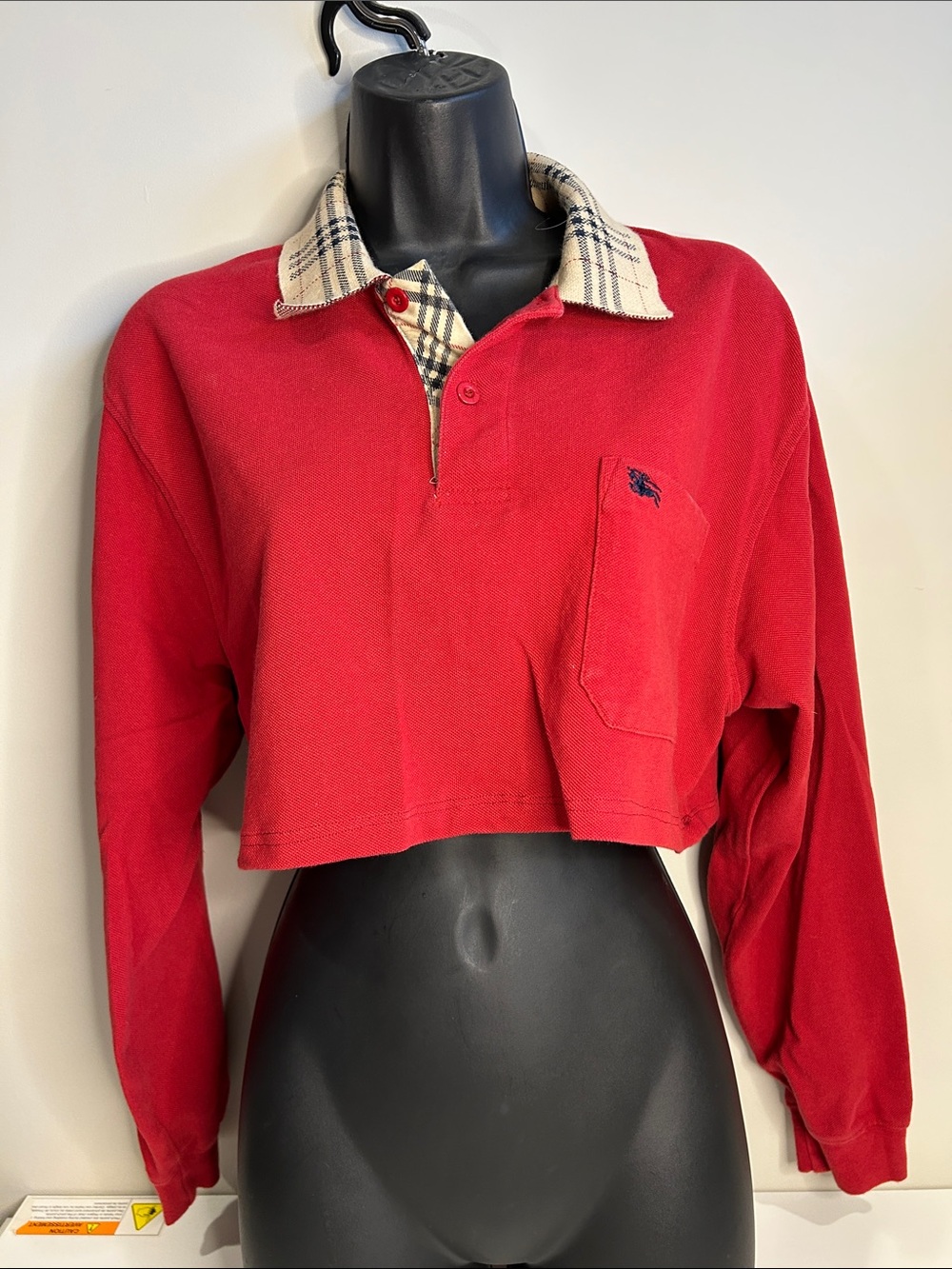 Vintage Burberry Cropped Long Sleeve Polo Shirt Red Nova Check Plaid Collar Y2K